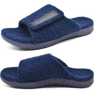 ONCAI Mens House Slippers with Arch Support，Fur Slides with Orthopedic for Plantar Fasciitis Wide Footbed and Adjustable Straps Size 7.5-15(Fluff Darkblue)