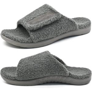 ONCAI Mens House Slippers with Arch Support，Fur Slides with Orthopedic for Plantar Fasciitis Wide Footbed and Adjustable Straps Size 7.5-15(Fluff Grey)