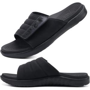 ONCAI Mens Sandals Adjustable Straps Orthotic Plantar Fasciitis Open Toe Athletic Sport Slides with Soft Comfy Arch Support Footbed Size 7.5-15(All Black)