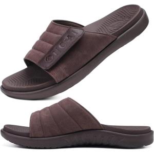 ONCAI Mens Sandals Adjustable Straps Orthotic Plantar Fasciitis Open Toe Athletic Sport Slides with Soft Comfy Arch Support Footbed Size 7.5-15(Dark Brown)