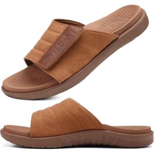 ONCAI Mens Sandals Adjustable Straps Orthotic Plantar Fasciitis Open Toe Athletic Sport Slides with Soft Comfy Arch Support Footbed Size 7.5-15(Khaki)