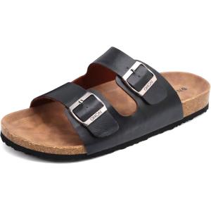 ONCAI Mens Sandals,Beach Slides Cork Footbed Slippers with Adjustable Buckle Straps Size 7-13(Black)