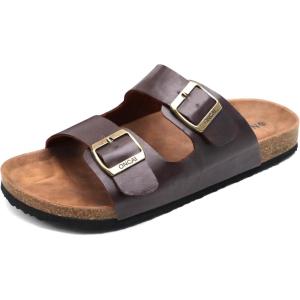 ONCAI Mens Sandals,Beach Slides Cork Footbed Slippers with Adjustable Buckle Straps Size 7-13(Dark Brown)