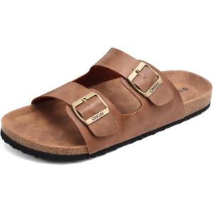 ONCAI Mens Sandals,Beach Slides Cork Footbed Slippers with Adjustable Buckle Straps Size 7-13(Khaki)