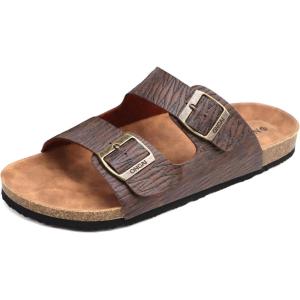 ONCAI Mens Sandals,Beach Slides Cork Footbed Slippers with Adjustable Buckle Straps Size 7-13(Woodgrain Brown)