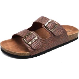 ONCAI Mens Sandals,Beach Slides Cork Footbed Slippers with Adjustable Buckle Straps Size 7-13(Woodgrain Khaki)