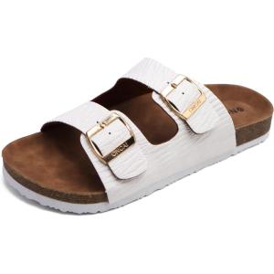 ONCAI Mens Sandals,Beach Slides Cork Footbed Slippers with Adjustable Buckle Straps Size 7-13(Woodgrain White)