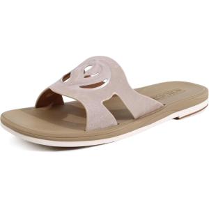 ONCAI Slides for Womens,Flat Dressy Square Toe Summer Beach Sandals for Woman with Comfortable Non-slip Rubber Soles Size 6-11(All-beige)