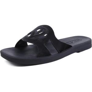 ONCAI Slides for Womens,Flat Dressy Square Toe Summer Beach Sandals for Woman with Comfortable Non-slip Rubber Soles Size 6-11(All-black)