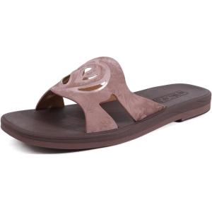 ONCAI Slides for Womens,Flat Dressy Square Toe Summer Beach Sandals for Woman with Comfortable Non-slip Rubber Soles Size 6-11(All-brown)