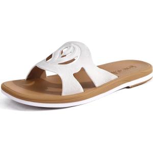 ONCAI Slides for Womens,Flat Dressy Square Toe Summer Beach Sandals for Woman with Comfortable Non-slip Rubber Soles Size 6-11(All-white/Khaki)