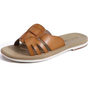 ONCAI Slides for Womens,Flat Dressy Square Toe Summer Beach Sandals for Woman with Comfortable Non-slip Rubber Soles Size 6-11(Beige(runs Small  Size Up))