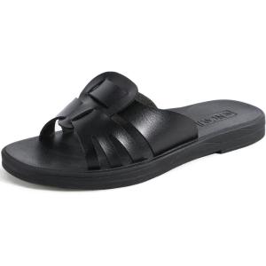 ONCAI Slides for Womens,Flat Dressy Square Toe Summer Beach Sandals for Woman with Comfortable Non-slip Rubber Soles Size 6-11(Black(runs Small  Size Up))