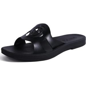 ONCAI Slides for Womens,Flat Dressy Square Toe Summer Beach Sandals for Woman with Comfortable Non-slip Rubber Soles Size 6-11(Fashion Black)
