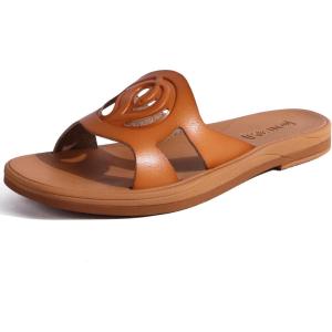 ONCAI Slides for Womens,Flat Dressy Square Toe Summer Beach Sandals for Woman with Comfortable Non-slip Rubber Soles Size 6-11(Fashion Khaki)