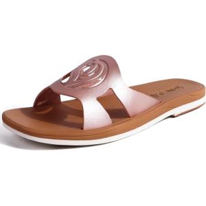 ONCAI Slides for Womens,Flat Dressy Square Toe Summer Beach Sandals for Woman with Comfortable Non-slip Rubber Soles Size 6-11(Fashion Rose Gold)