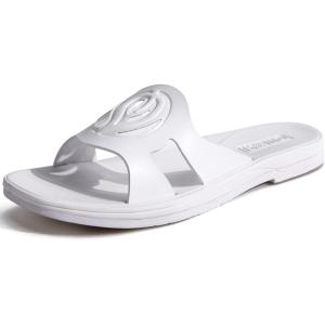 ONCAI Slides for Womens,Flat Dressy Square Toe Summer Beach Sandals for Woman with Comfortable Non-slip Rubber Soles Size 6-11(Fashion White)