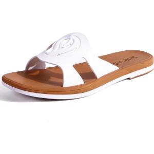 ONCAI Slides for Womens,Flat Dressy Square Toe Summer Beach Sandals for Woman with Comfortable Non-slip Rubber Soles Size 6-11(Fashion White/Khaki)