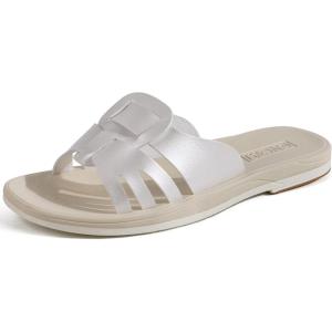 ONCAI Slides for Womens,Flat Dressy Square Toe Summer Beach Sandals for Woman with Comfortable Non-slip Rubber Soles Size 6-11(Pearly White(runs Small  Size Up))