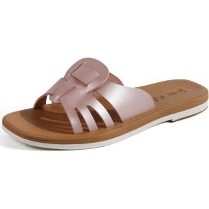 ONCAI Slides for Womens,Flat Dressy Square Toe Summer Beach Sandals for Woman with Comfortable Non-slip Rubber Soles Size 6-11(Rose Gold(runs Small  Size Up))