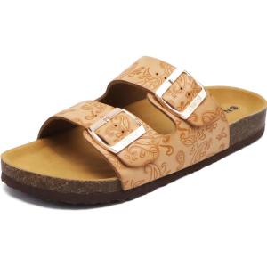 ONCAI Womens Flat Slide Sandals with Arch Support 2 Strap Adjustable Buckle Slip on Slides Shoes Non Slip Rubber Sole(Beige Floral)