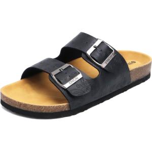 ONCAI Womens Flat Slide Sandals with Arch Support 2 Strap Adjustable Buckle Slip on Slides Shoes Non Slip Rubber Sole(Black Floral)