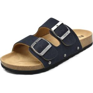 ONCAI Womens Flat Slide Sandals with Arch Support 2 Strap Adjustable Buckle Slip on Slides Shoes Non Slip Rubber Sole(Blue)