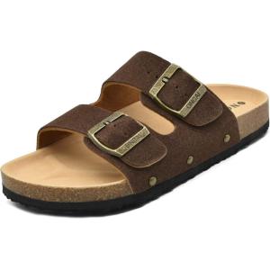 ONCAI Womens Flat Slide Sandals with Arch Support 2 Strap Adjustable Buckle Slip on Slides Shoes Non Slip Rubber Sole(Brown)
