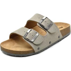 ONCAI Womens Flat Slide Sandals with Arch Support 2 Strap Adjustable Buckle Slip on Slides Shoes Non Slip Rubber Sole(Grey)