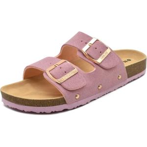 ONCAI Womens Flat Slide Sandals with Arch Support 2 Strap Adjustable Buckle Slip on Slides Shoes Non Slip Rubber Sole(Pink)