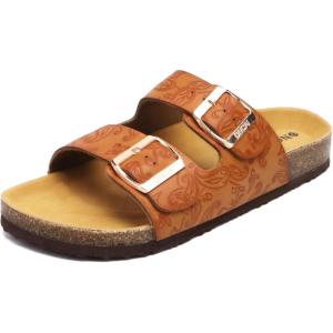 ONCAI Womens Flat Slide Sandals with Arch Support 2 Strap Adjustable Buckle Slip on Slides Shoes Non Slip Rubber Sole(Tan Floral)