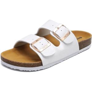 ONCAI Womens Flat Slide Sandals with Arch Support 2 Strap Adjustable Buckle Slip on Slides Shoes Non Slip Rubber Sole(White Floral)