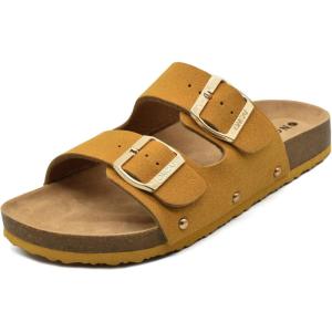 ONCAI Womens Flat Slide Sandals with Arch Support 2 Strap Adjustable Buckle Slip on Slides Shoes Non Slip Rubber Sole(Yellow)