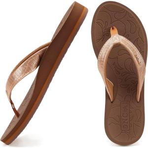 ONCAI Women’s Flip Flops Comfortable Summer Beach Thong Sandals for Women with Cushion Walking Arch Support Yoga Mat Indoor Outdoor Soles(Gold/Brown)