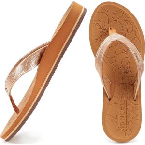 ONCAI Women’s Flip Flops Comfortable Summer Beach Thong Sandals for Women with Cushion Walking Arch Support Yoga Mat Indoor Outdoor Soles(Gold/Khaki)