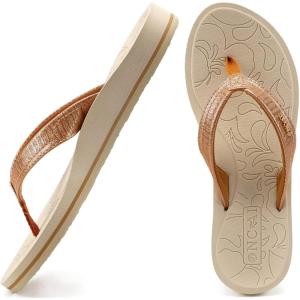 ONCAI Women’s Flip Flops Comfortable Summer Beach Thong Sandals for Women with Cushion Walking Arch Support Yoga Mat Indoor Outdoor Soles(Khaki/White)