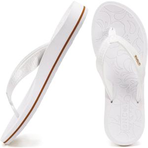 ONCAI Women’s Flip Flops Comfortable Summer Beach Thong Sandals for Women with Cushion Walking Arch Support Yoga Mat Indoor Outdoor Soles(White/Gold)