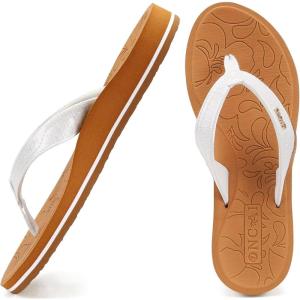 ONCAI Women’s Flip Flops Comfortable Summer Beach Thong Sandals for Women with Cushion Walking Arch Support Yoga Mat Indoor Outdoor Soles(White/Khaki)