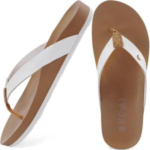 ONCAI Womens Flip Flops For Women Comfortable Strap Yoga Mat Non-Slip Women’s Thong Sandal Casual Summer Beach Slippers With Arch Support(White/Khaki)
