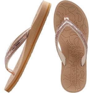 ONCAI Women’s Flip Flops with Rhinestone, Arch Support Yoga Mat Comfort Walking Summer Beach Thong Sandals with Plantar Fasciitis Rubber Soles US Size 5-11(Beige)
