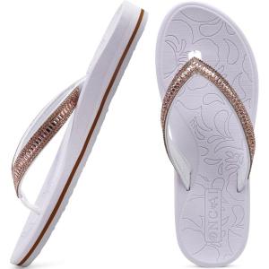 ONCAI Women’s Flip Flops with Rhinestone, Arch Support Yoga Mat Comfort Walking Summer Beach Thong Sandals with Plantar Fasciitis Rubber Soles US Size 5-11(White)