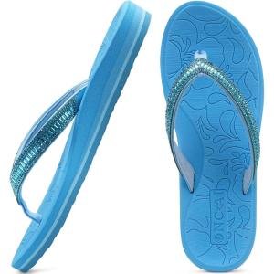 ONCAI Women’s Flip Flops with Rhinestone, Arch Support Yoga Mat Comfort Walking Summer Beach Thong Sandals with Plantar Fasciitis Rubber Soles US Size 5-11(Light Blue)