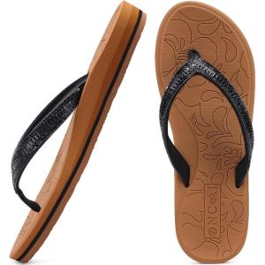 ONCAI Women’s Flip Flops with Rhinestone, Arch Support Yoga Mat Comfort Walking Summer Beach Thong Sandals with Plantar Fasciitis Rubber Soles US Size 5-11(Black/Khaki)