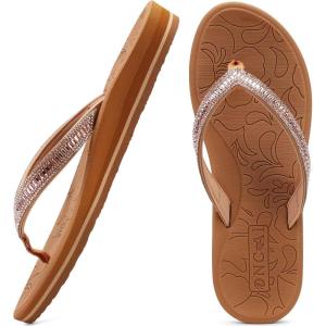 ONCAI Women’s Flip Flops with Rhinestone, Arch Support Yoga Mat Comfort Walking Summer Beach Thong Sandals with Plantar Fasciitis Rubber Soles US Size 5-11(Khaki)
