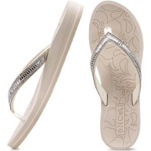 ONCAI Women’s Flip Flops with Rhinestone, Arch Support Yoga Mat Comfort Walking Summer Beach Thong Sandals with Plantar Fasciitis Rubber Soles US Size 5-11(Ivory White)