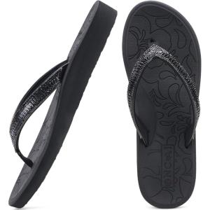 ONCAI Women’s Flip Flops with Rhinestone, Arch Support Yoga Mat Comfort Walking Summer Beach Thong Sandals with Plantar Fasciitis Rubber Soles US Size 5-11(Black)