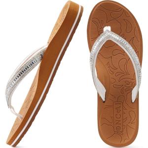 ONCAI Women’s Flip Flops with Rhinestone, Arch Support Yoga Mat Comfort Walking Summer Beach Thong Sandals with Plantar Fasciitis Rubber Soles US Size 5-11(White/Khaki)