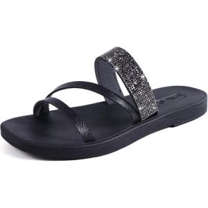 ONCAI Women’s Slide Sandals Trendy Square Summer Flat Dressy Sandals for Women 2025 Cross Strappy Open Split-Toe Ring with Slip-on Rubber Soles(All-black)