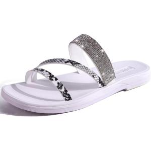 ONCAI Women’s Slide Sandals Trendy Square Summer Flat Dressy Sandals for Women 2025 Cross Strappy Open Split-Toe Ring with Slip-on Rubber Soles(All-white)