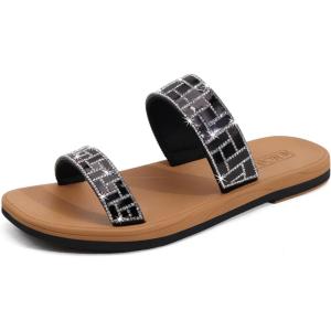 ONCAI Women’s Slide Sandals Trendy Square Summer Flat Dressy Sandals for Women 2025 Cross Strappy Open Split-Toe Ring with Slip-on Rubber Soles(Black Khaki（run Small size Up）)